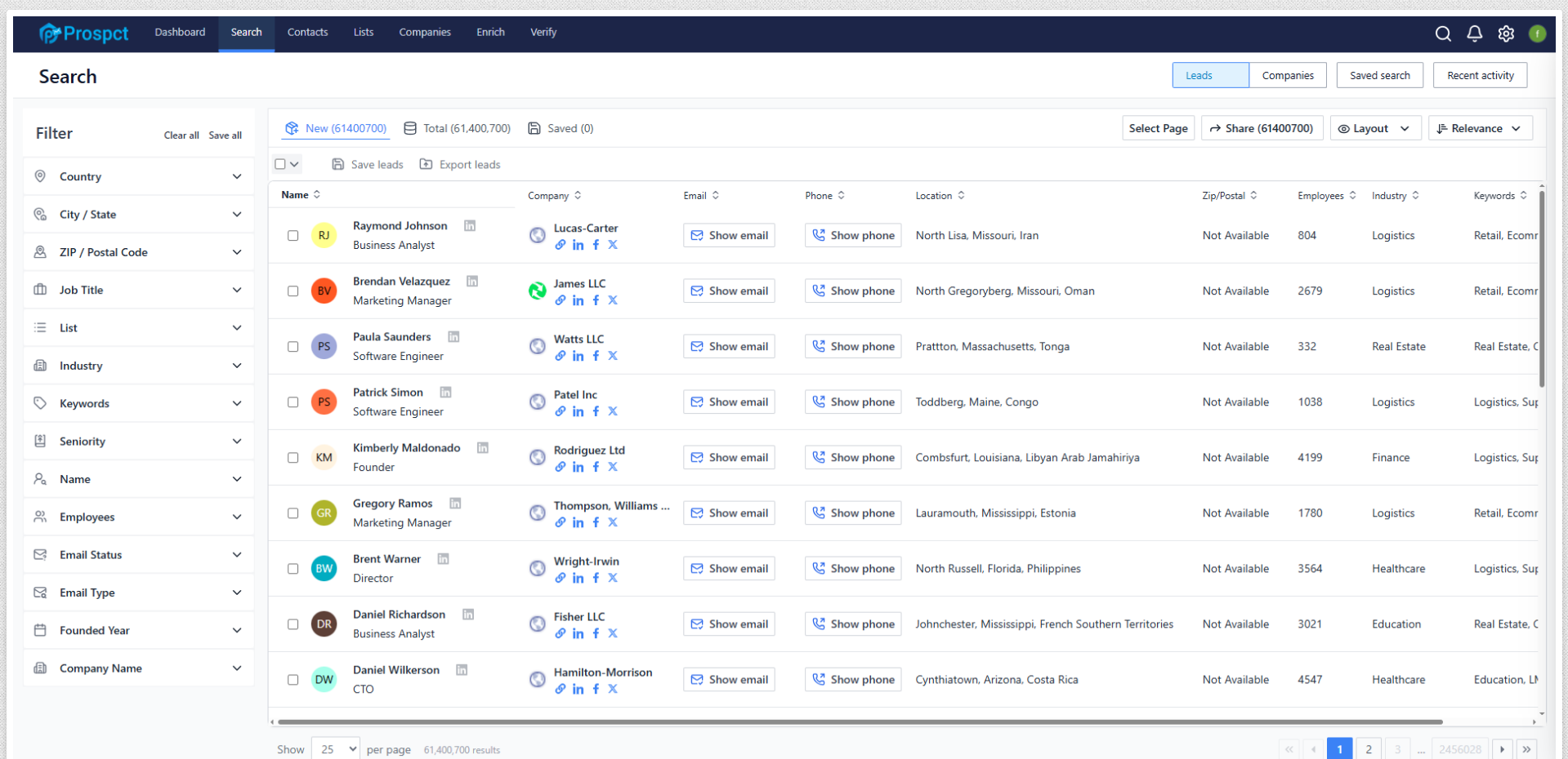 Prospct.io lead search with advanced filters and verified contacts